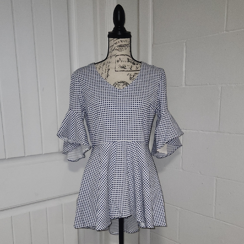 Marc Bouwer Blue and White Checkered Peplum Top NWOT medium